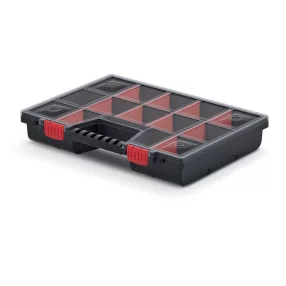   Rendszerező koffer, Prosperplast NOR16, 6,5 x 29 x 39 cm, fekete, állítható rekeszek, átlátszó fedél, két zárral, ergonomikus fogantyú, maximum 36 rekesz