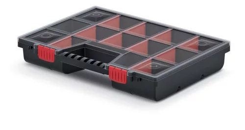 Rendszerező koffer, Prosperplast NOR16, 6,5 x 29 x 39 cm, fekete, állítható rekeszek, átlátszó fedél, két zárral, ergonomikus fogantyú, maximum 36 rekesz