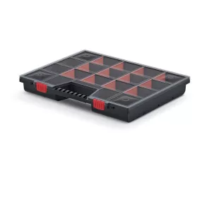   Rendszerező koffer, Prosperplast NOR20, 6,5 x 39 x 49 cm, fekete, állítható rekeszek, átlátszó fedél, kéz zárral, ergonomikus fogantyú, maximum 36 rekesz