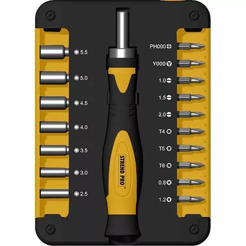 Bit és dugókulcs-készlet, Strend Pro WT536, 19 db, csavarhúzó, bittartó, 10 db bit, 7 db dugókulcs