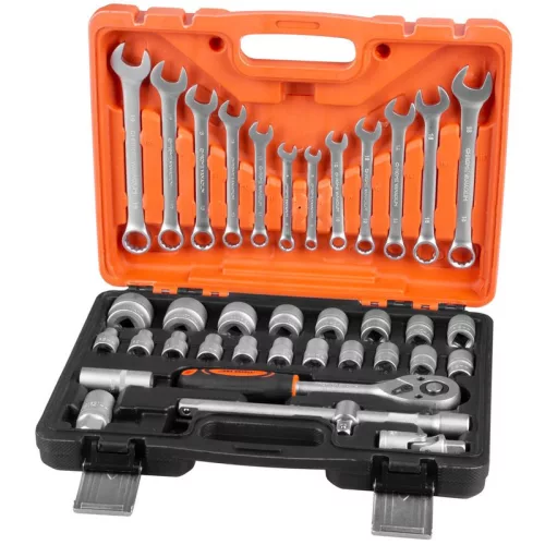 Szerszámkészlet, Strend Pro S237, 37 részes, kofferben, 1/2" dugókulcsokkal, racsnis, hosszabbítóval és kardáncsuklóval, villáskulcsokkal