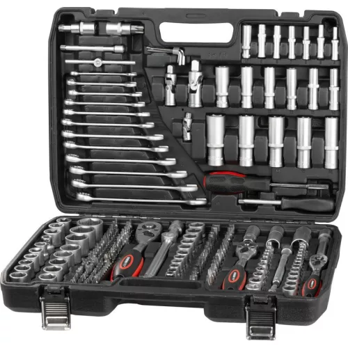 Szerszámkészlet, Strend Pro S221, 215 részes, kofferben, 1/2", 3/8", 1/4" meghajtás, 3 racsnival, csavarkulcsokkal és bitekkel