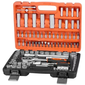   Dugókulcs-készlet, Strend Pro S210, 108 részes, narancssárga/fekete doboz, 1/4'', 1/2'', racsnis, Torx és gyújtógyertya fejekkel