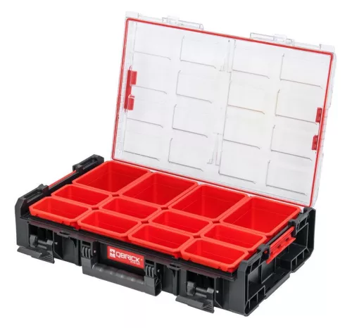 Rendszerező koffer, Qbrick Patrol System One XL, 58,2 × 38,7 × 13,1 cm, fekete, 13,5 l, 12 rekesz, rugalmas tömítéses fedél, víz- és porvédett, moduláris, Easy Access rendszer