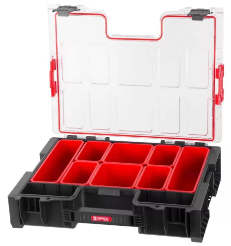 Rendszerező koffer, Qbrick Patrol System Pro Organizer 300, 45,2 × 35,8 × 11 cm, fekete, 9 l, tömített polikarbonát fedél, 8 rekeszes, masszív fogantyú