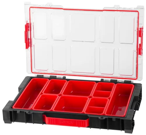 Rendszerező koffer, Qbrick Patrol System Pro Organizer 100, 45,2 x 29,6 x 7,9 cm, fekete, 5 l, tömített polikarbonát fedél, 8 rekesz, ergonomikus fogantyú