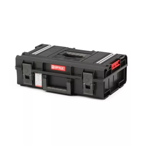Szerszámosdoboz, Qbrick Patrol System One 200 Technik, 58,5 × 38,5 × 19 cm, fekete, 15,4 l, 6 kivehető tartály, por- és vízálló, alumínium rögzítőléc, munkaasztalként használható