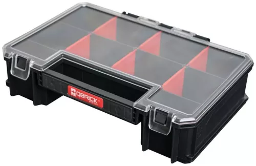 Rendszerező koffer, Qbrick Patrol System Two Organizer Multi, 25,7 x 18 x 6,5 cm, fekete, 11 l, polikarbonát fedél, állítható rekeszek, kényelmes fogantyú