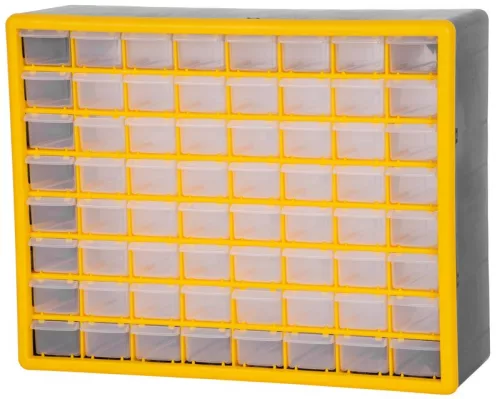 Rendszerező polc, Strend Pro SBx3045-G, 50 × 16 × 39 cm, sárga, falra szerelhető, 64 tárolóhely, PVC, 15 kg teherbírás
