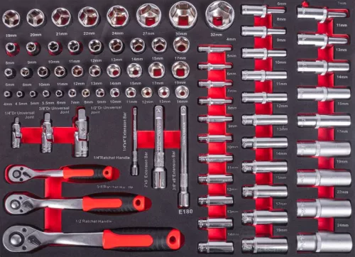 Dugókulcs-készlet, Strend Pro S239, fekete doboz, 80 részes, 1/2", 1/4", 3/8", racsnis kulcsokkal és dugófejekkel