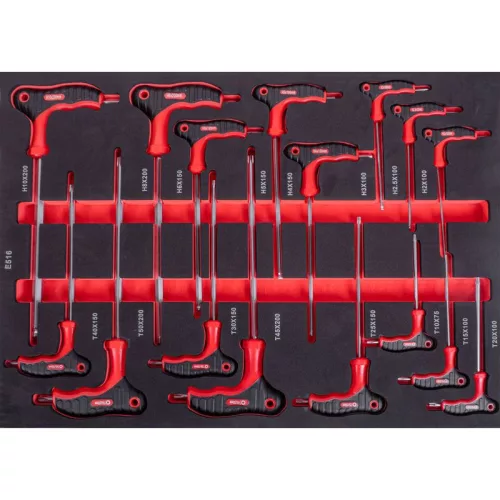 Imbuszkulcs készlet, Strend Pro S239, fekete/piros, 16 részes, gömbfejes 2 - 10 mm, Torx: 10 - 50, T-markolat