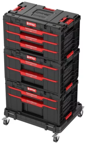 Tárolódoboz készlet, Qbrick Patrol System One Workshop Cart, 58,7 × 38 × 34 cm, fekete, 4 részes, moduláris, fiókos, automata zárral, görgős platform fékkel, állítható elválasztók, ABS műanyag, fémsínes