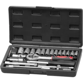   Dugókulcs-készlet, Strend Pro, fekete doboz, 25 részes, 1/4", Cr-V, racsnis, kardáncsuklóval és hosszabbítókkal, hordtáskában