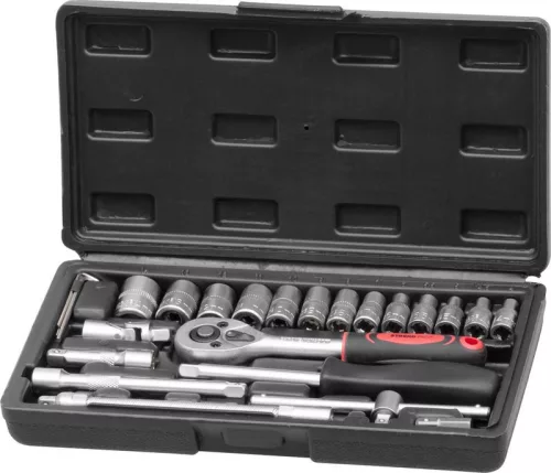 Dugókulcs-készlet, Strend Pro, fekete doboz, 25 részes, 1/4", Cr-V, racsnis, kardáncsuklóval és hosszabbítókkal, hordtáskában