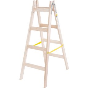   Kétrészes létra, Strend Pro, 2 x 4 fokos, fa, 130 cm, 150 kg teherbírás, kétoldalas kivitel, vödörtartó kampóval, horganyzott fém részek