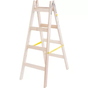   Kétrészes létra, Strend Pro, 2 x 4 fokos, fa, 130 cm, 150 kg teherbírás, kétoldalas kivitel, vödörtartó kampóval, horganyzott fém részek