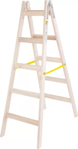 Kétrészes létra, Strend Pro, 2 x 5 fokos, fa, 160 cm, 150 kg teherbírás, kétoldalas kivitel, vödörtartó kampóval, horganyzott fém részek