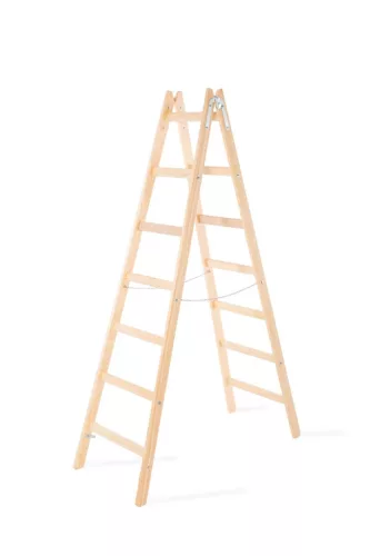 Kétrészes létra, Strend Pro, 2 x 7 fokos, fa, 226 cm, 150 kg teherbírás, kétoldalas kivitel, vödörtartó kampóval, horganyzott fém részek