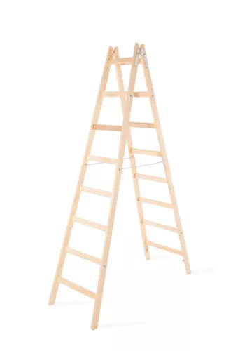 Kétrészes létra, Strend Pro, 2 x 8 fokos, fa, 256 cm, 150 kg teherbírás, kétoldalas kivitel, vödörtartó kampóval, horganyzott fém részek