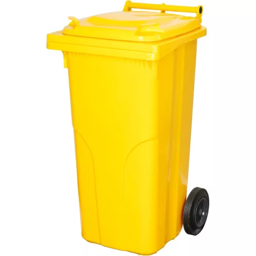 Műanyag hulladéktároló, szelektív kültéri kuka, Extra erős, UV-álló, kerékkel, nyitható tetővel - 120 l sárga
