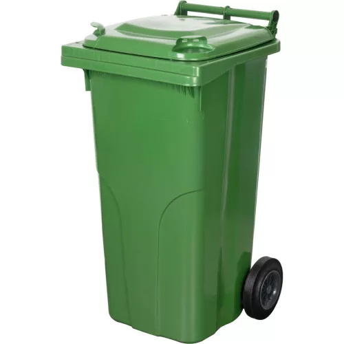Műanyag hulladéktároló, szelektív kültéri kuka, Extra erős, UV-álló, kerékkel, nyitható tetővel - 120 l zöld