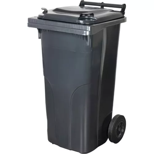 Műanyag hulladéktároló, szelektív kültéri kuka, Extra erős, UV-álló, kerékkel, nyitható tetővel - 120 l fekete