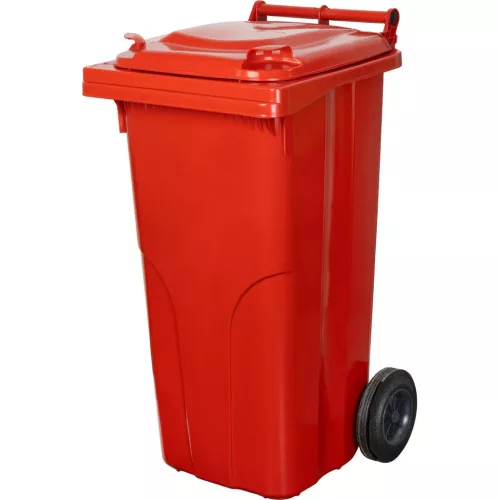 Műanyag hulladéktároló, szelektív kültéri kuka, Extra erős, UV-álló, kerékkel, nyitható tetővel - 120 l piros