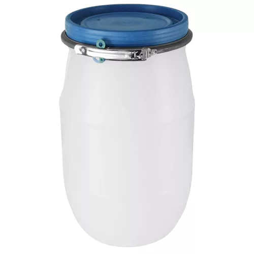Élelmiszeripari hordó, Strend Pro Garden Pannon Fermet, fehér/kék, 30 l, nyílás átmérő: 25 cm, abroncsos fedél, HDPE műanyag