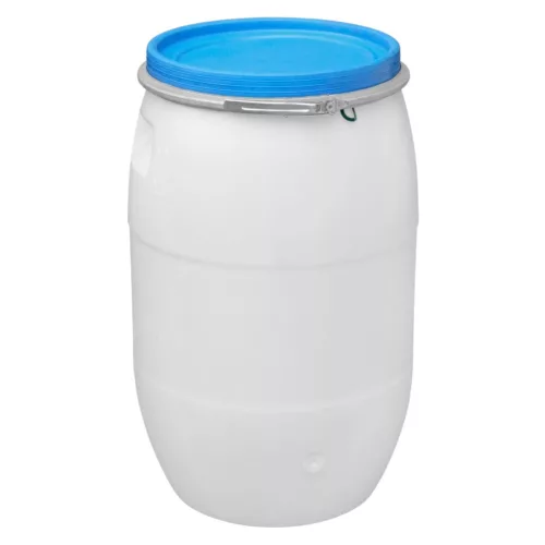 Élelmiszeripari hordó, Strend Pro Garden Pannon Fermet, fehér/világoskék, 120 l, nyílás átmérő: 39,5 cm, abroncsos fedél, HDPE műanyag