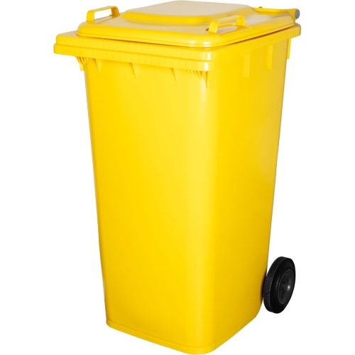 Műanyag hulladéktároló, szelektív kültéri kuka, ICS GB4, sárga, extra erős, UV-álló, kerékkel, nyitható tetővel - 240 l
