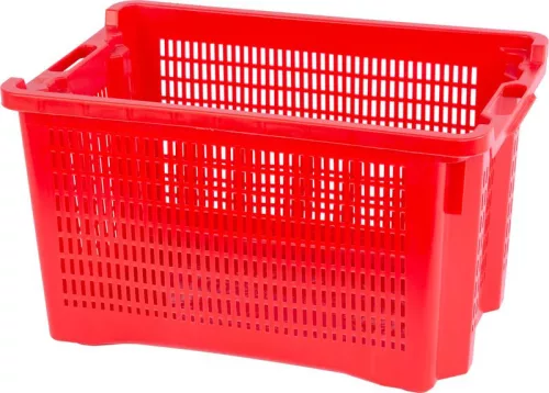 Gyümölcstartó láda, Ics M401000, piros, 40 literes, 56 × 35 × 31 cm, perforált falú, műanyag, egymásra rakható