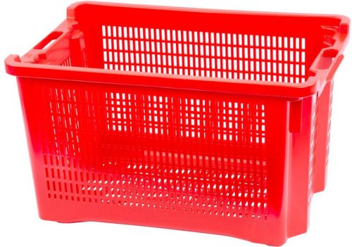 Gyümölcstartó láda, Ics M402000, piros, 40 literes, 56 × 35 × 31 cm, perforált falú, műanyag, egymásra rakható