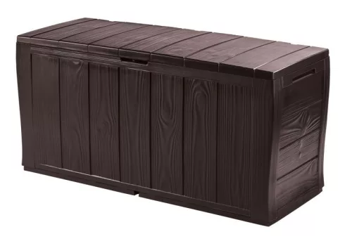 Kerti tárolóláda, Keter Sherwood, 270 l, barna, 117 x 45 x 57,5 cm, időjárásálló, faerezetes hatású, 200 kg teherbírás, ülőhelyként használható