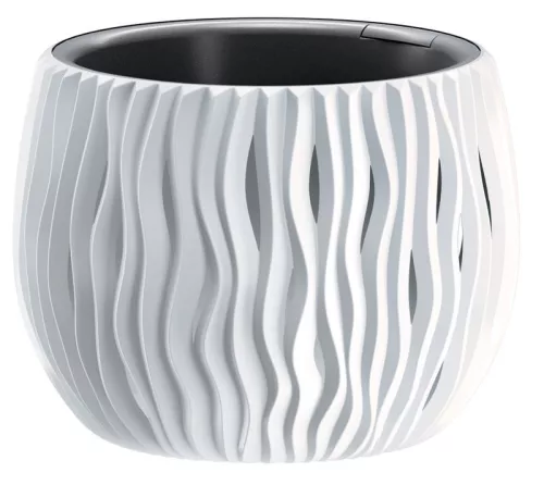 Műanyag virágcserép, Prosperplast Sandy Bowl 240, fehér, átmérő: 23,8 cm, magasság: 16,1 cm, betéttel, 2,3 l, hullámmintás, kerek