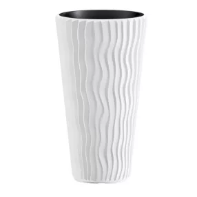   Műanyag virágcserép, Prosperplast Sand Slim 400, fehér, átmérő: 39 cm, magasság: 75 cm, betéttel, 18 / 45 l, függőleges hullámmintás, kerek
