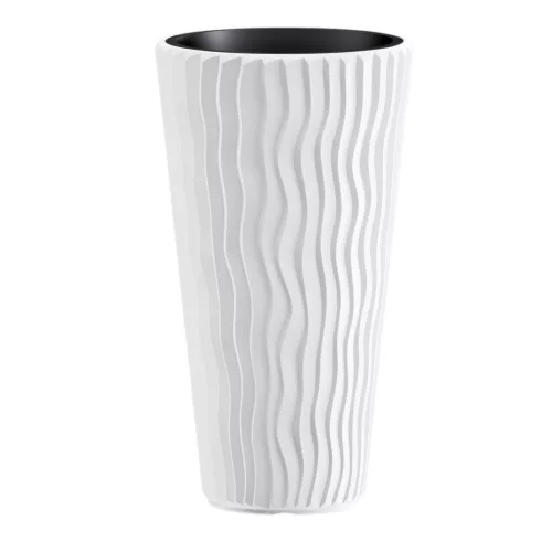 Műanyag virágcserép, Prosperplast Sand Slim 400, fehér, átmérő: 39 cm, magasság: 75 cm, betéttel, 18 / 45 l, függőleges hullámmintás, kerek