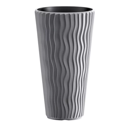 Műanyag virágcserép, Prosperplast Sandy Slim 400, szürke, átmérő: 39 cm, betéttel, 15 / 54 l, hullámmintás, kerek