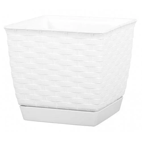 Rattan virágcserép, Prosperplast Rato Square 250, fehér, 25 x 25 cm, magasság: 22 cm, alátéttel, 8,2 l, rattan hatású, négyzetes