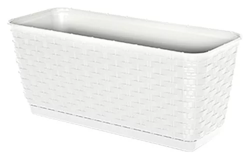 Rattan virágláda, Prosperplast Ratolla P, fehér, 49,2 x 17,2 cm, magasság: 17,4 cm, alátéttel, 12 l, rattan hatású