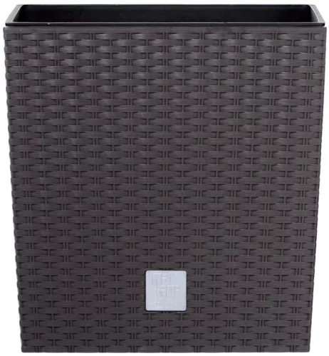 Rattan virágcserép, Prosperplast Rato Low 320, barna, 32 x 32 cm, magasság: 32,5 cm, betéttel, 21 / 32 l, rattan hatású, négyzetes, alacsony kivitel