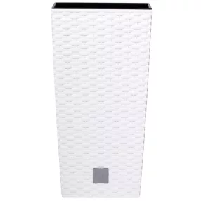   Rattan virágcserép, Prosperplast Rato Square 225, fehér, 22,5 x 22,5 cm, magasság: 42,1 cm, betéttel, 8 / 16,3 l, rattan hatású, négyzetes