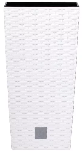 Rattan virágcserép, Prosperplast Rato Square 225, fehér, 22,5 x 22,5 cm, magasság: 42,1 cm, betéttel, 8 / 16,3 l, rattan hatású, négyzetes