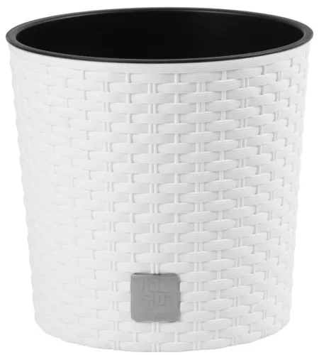 Rattan virágcserép, Prosperplast Rato Round 300, fehér, átmérő: 30 cm, magasság: 27 cm, betéttel, 15 / 15,3 l, rattan hatású, kerek