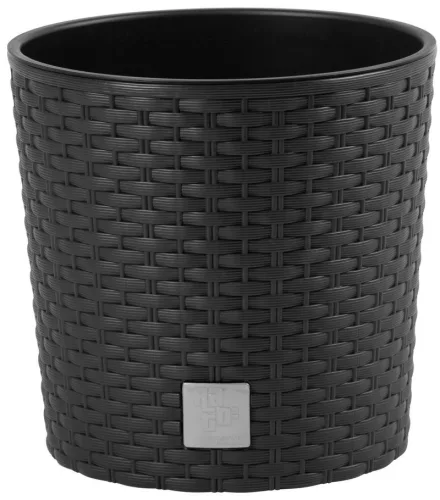 Rattan virágcserép, Prosperplast Rato Round 300, sötétbarna, átmérő: 30 cm, magasság: 27 cm, betéttel, 15 / 15,3 l, rattan hatású, kerek