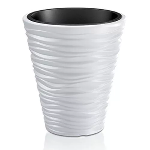 Műanyag virágcserép, Prosperplast Sand 350, fehér, átmérő: 34,5 cm, magasság: 38,5 cm, betéttel, 11 / 21 l, hullámmintás, kerek