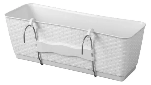 Rattan virágláda, Prosperplast Ratolla Case PW 500, fehér, 49,2 x 17,2 cm, magasság: 17,4 cm, alátéttel, 12 l, rattan hatású, korlátra akasztható