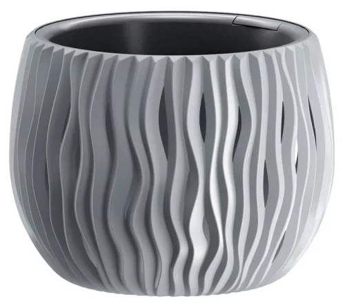 Műanyag virágcserép, Prosperplast Sandy Bowl 240, szürke, átmérő: 23,8 cm, magasság: 16,1 cm, betéttel, 2,3 l, hullámmintás, kerek