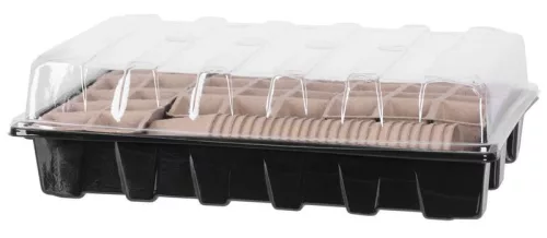 Melegágy, Strend Pro Garden, fekete, 37 x 23 x 6 cm, átlátszó fedél, 30 db-os készlet, palántaneveléshez, mini