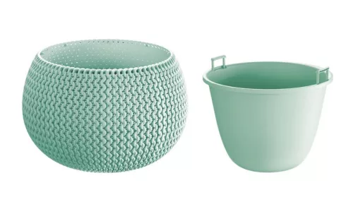 Műanyag virágcserép, Prosperplast Splofy Bowl, zsályazöld, átmérő: 29 cm, magasság: 19,5 cm, tál alakú, betéttel, 3,9 l, kerek