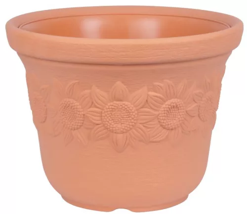 Műanyag virágcserép, Prosperplast Sunny, terrakotta, átmérő: 30 cm, magasság: 22,5 cm, napraforgó minta, 8 l, kerek